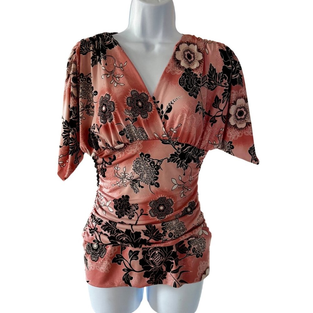 Rampage Floral Print Pink Black V-Neck Ruched Waist Top Women's Medium